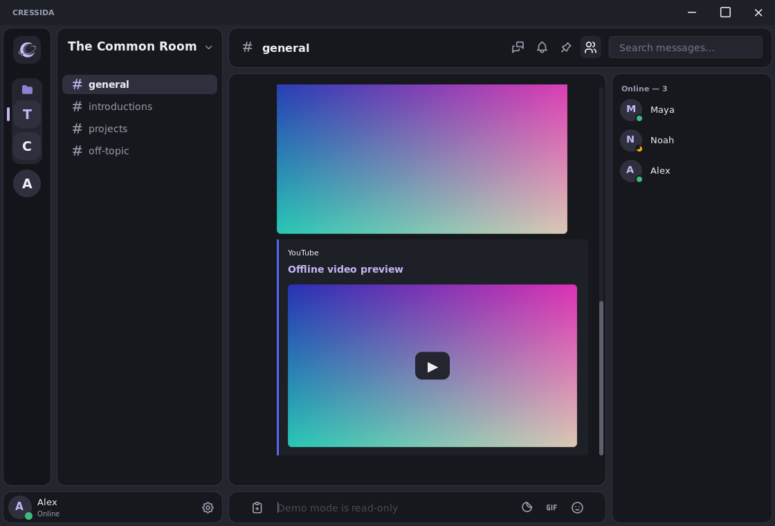 Cressida's native window with a server rail, channel list, conversation, composer and member list in the dark theme. Sample content from offline demo mode.