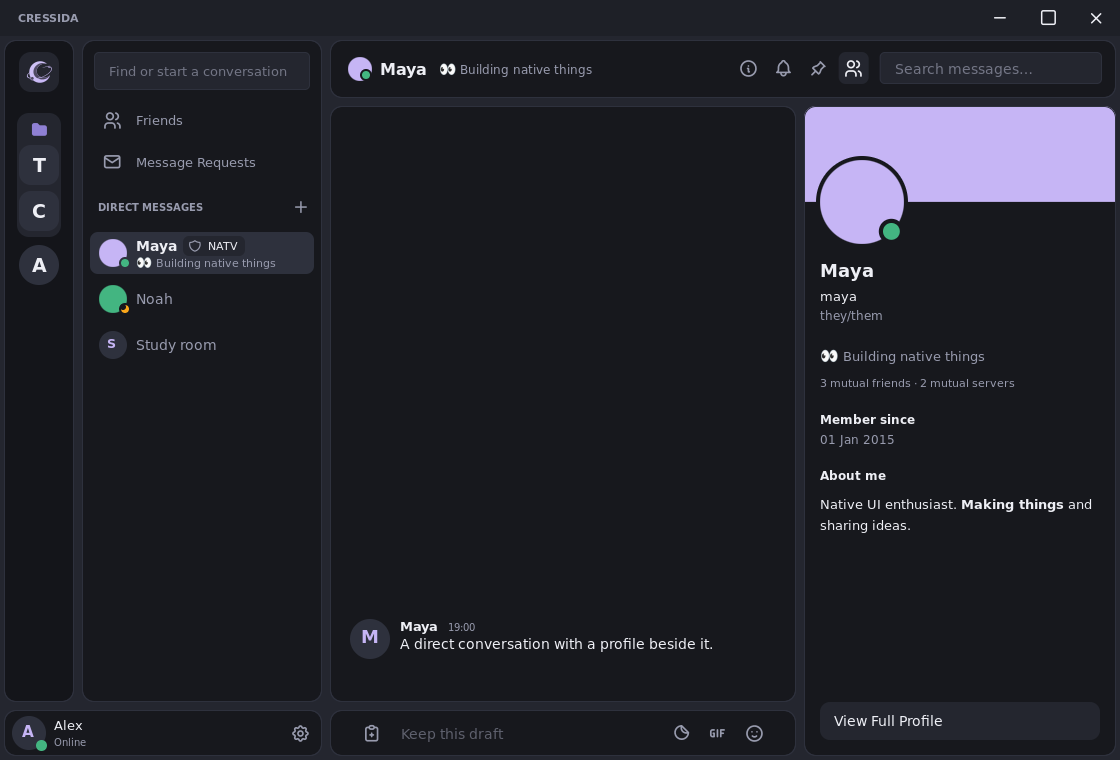 An offline direct message showing a custom status beside the recipient's name and a profile panel with biography, mutual counts and a full-profile button.